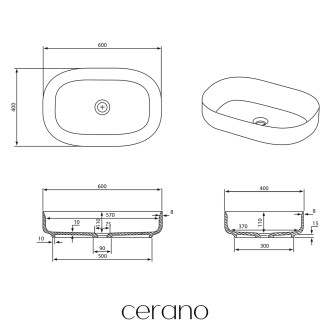 CERANO Umyvadlo na desku z litého mramoru Atria černá matná 60x40 cm CER-WB17B