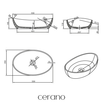 CERANO Umyvadlo na desku z litého mramoru Gaia černá matná 55x35 cm CER-WB12B