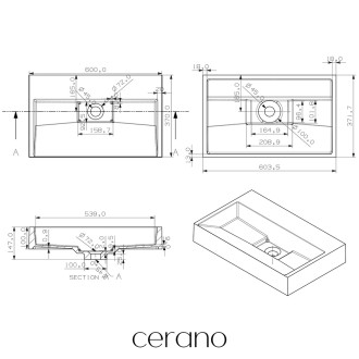 CERANO Nástěnné/na desku umyvadlo Vita - černá matná - 60x37 cm CER-479857