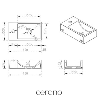 CERANO Umývátko z litého mramoru Teo, závěsné levé - černá matná - 40x22 cm CER-482704