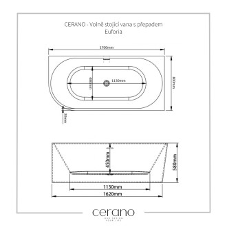 CERANO Volně stojící vana s přepadem Euforia, pravá bílá lesklá 170x80cm CER-K-5517R
