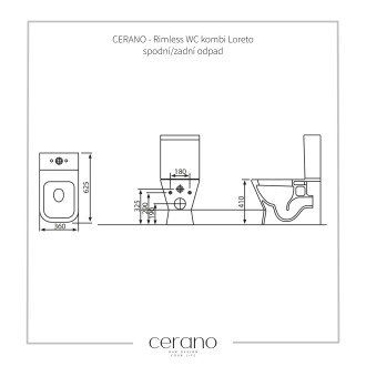 CERANO WC kombi Loreto, Rimless spodní/zadní opad bílá lesklá 36x62,5 cm CER-403428