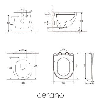 CERANO - Závěsná WC mísa Cesso, Rimless, Vortex - černá matná - 49x36 cm