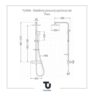 TUANA Nástěnný posuvný sprchový set Theo černá matná 95-127 cm TU-427504