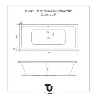 TUANA Obdelníková akrylátová vana Carlotta L/P bez přísl. bílá lesklá 180x80 cm TU-428392