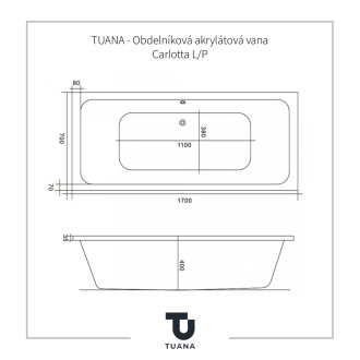 TUANA Obdelníková akrylátová vana Carlotta L/P bez přísl.bílá lesklá 170x70 cm TU-428404