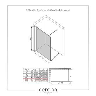 CERANO - Sprchová zástěna Walk-in Moreli L/P - 8 mm - černá matná, transparentní sklo - 110x200 cm - ROZBALENO