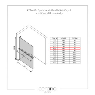 CERANO - Sprchová zástěna Walk-in Onyx L-levá vzpěra - 10 mm + polička/držák na ručníky - černá matná, transparentní sklo - 90x200 cm