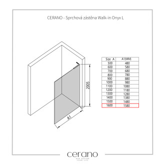 CERANO - Sprchová zástěna Walk-in Onyx L-pravá vzpěra - 10 mm - chrom, grafitové sklo - 160x200 cm