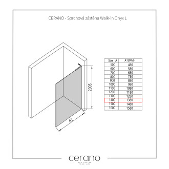 CERANO - Sprchová zástěna Walk-in Onyx L-pravá vzpěra - 10 mm - chrom, transparentní sklo - 140x200 cm