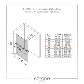 CERANO - Sprchová zástěna Walk-in Onyx Round L/P - 10 mm + polička/držák na ručníky - kulatá vzpěra - černá matná, grafitové sklo - 100x200 cm