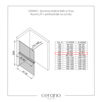 CERANO - Sprchová zástěna Walk-in Onyx Round L/P - 10 mm + polička/držák na ručníky - kulatá vzpěra - černá matná, grafitové sklo - 90x200 cm