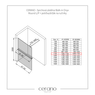 CERANO - Sprchová zástěna Walk-in Onyx Round L/P - 10 mm + polička/držák na ručníky - kulatá vzpěra - černá matná, transparentní sklo - 110x200 cm