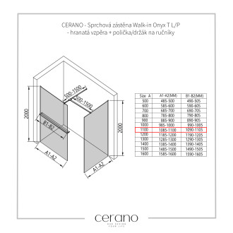 CERANO - Sprchová zástěna Walk-in Onyx T L/P - 10 mm - hranatá vzpěra + polička/držák na ručníky - černá matná, transparentní sklo - 110x110 cm
