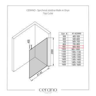 CERANO - Sprchová zástěna Walk-in Onyx Top Cube L/P - 10 mm - hranatá vzpěra - černá matná, transparentní sklo - 90x200 cm