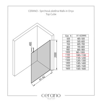 CERANO - Sprchová zástěna Walk-in Onyx Top Cube L/P - 10 mm - hranatá vzpěra - chrom, transparentní sklo - 110x200 cm