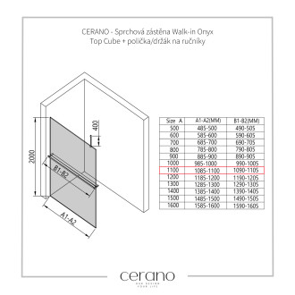 CERANO - Sprchová zástěna Walk-in Onyx Top Cube L/P - 10 mm - hranatá vzpěra + polička/držák na ručníky - černá matná, transparentní sklo - 110x200 cm