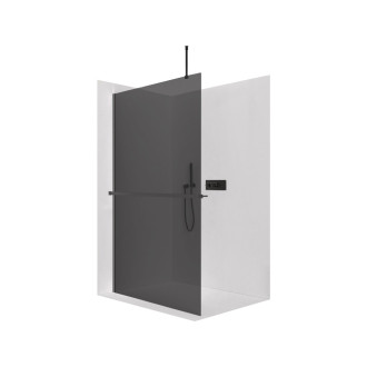 CERANO - Sprchová zástěna Walk-in Onyx Top Round L/P - 10 mm - kulatá vzpěra + polička/držák na ručníky - černá matná, grafitové sklo - 100x200 cm