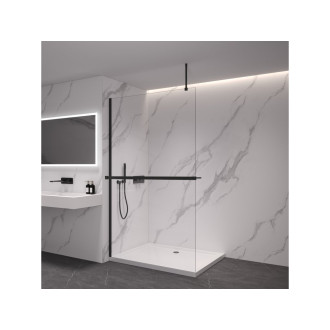 CERANO - Sprchová zástěna Walk-in Onyx Top Round L/P - 10 mm - kulatá vzpěra + polička/držák na ručníky - černá matná, transparentní sklo - 110x200 cm