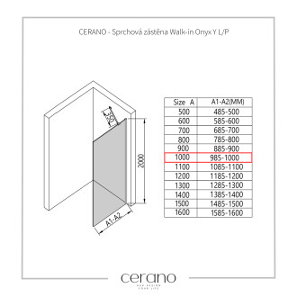 CERANO - Sprchová zástěna Walk-in Onyx Y L/P - 10 mm - černá matná, transparentní sklo - 100x200 cm