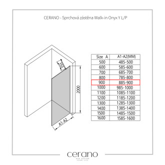 CERANO - Sprchová zástěna Walk-in Onyx Y L/P - 10 mm - černá matná, transparentní sklo - 90x200 cm