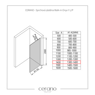 CERANO - Sprchová zástěna Walk-in Onyx Y L/P - 10 mm + polička/držák - černá matná, transparentní sklo - 140x200 cm