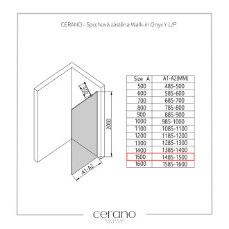 CERANO - Sprchová zástěna Walk-in Onyx Y L/P - 10 mm + polička/držák - černá matná, transparentní sklo - 150x200 cm
