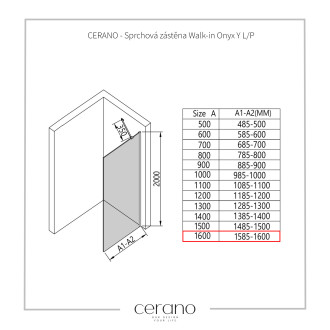 CERANO - Sprchová zástěna Walk-in Onyx Y L/P - 10 mm + polička/držák - černá matná, transparentní sklo - 160x200 cm
