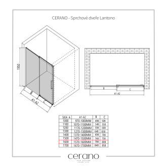 CERANO - Sprchové posuvné dveře Lantono L/P - 8 mm - černá matná, transparentní sklo - 160x195 cm - ROZBALENO