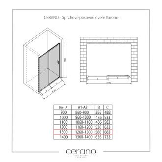 CERANO - Sprchové posuvné dveře Varone LINE L/P - 6 mm - černá matná, transparentní sklo - 130x195 cm - ROZBALENO