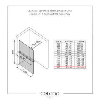 CERANO - Sprchová zástěna Walk-in Onyx Round L/P - 10 mm + polička/držák na ručníky - kulatá vzpěra - chrom, grafitové sklo - 160x200 cm