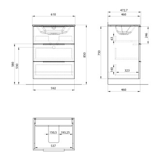 CIRASA umyvadlová skříňka 59,2x75x46cm, 3x zásuvka, bílá lesk CR631-3030
