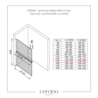 CERANO - Sprchová zástěna Walk-in Onyx Top Cube L/P - 10 mm - hranatá vzpěra + polička/držák na ručníky - chrom, grafitové sklo - 130x200 cm