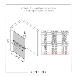 CERANO - Sprchová zástěna Walk-in Onyx Top Cube L/P - 10 mm - hranatá vzpěra + polička/držák na ručníky - chrom, grafitové sklo - 150x200 cm