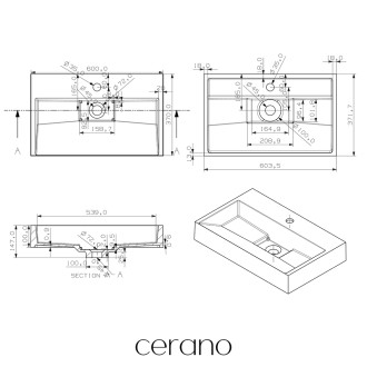 CERANO - Umyvadlo z litého mramoru Vita - nástěnné i na desku - otvor pro baterii - černá matná - 60x37 cm - 2 JAKOST