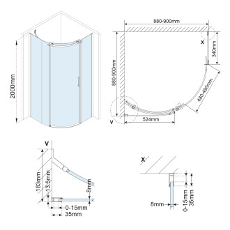 THRON ROUND čtvrtkruhová sprchová zástěna 900x900mm, čiré sklo, levá