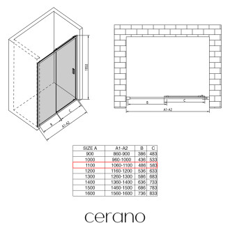 CERANO - Sprchové posuvné dveře Varone LINE L/P - 6 mm - černá matná, mléčné sklo - 110x195 cm