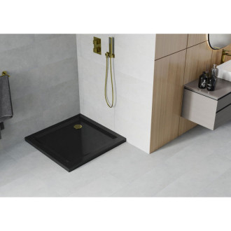 Mexen Flat čtvercová sprchová vanička slim 70 x 70 cm, černá, zlatý sifon - 40707070G
