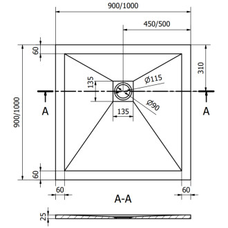 Mexen Stone+ čtvercová kompozitová sprchová vanička 90 x 90 cm, antracit - 44719090