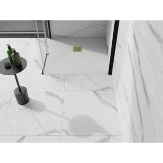 Mexen Stone+ čtvercová kompozitová vanička 100x100 cm, bílá, zlatý kryt 44101010-G