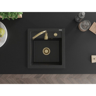 Mexen Vito jednodřez granit 520x490, černá/stříbrná metalíza, zlatý sifon 6503521000-73-G