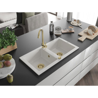 Mexen Mario 2miskový granitový dřez 820 x 436 mm, bílý, zlatý sifon - 6504822000-20-G