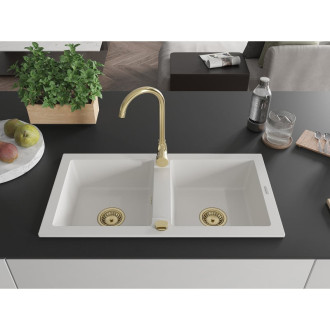 Mexen Mario 2miskový granitový dřez 820 x 436 mm, bílý, zlatý sifon - 6504822000-20-G