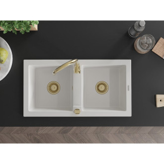 Mexen Mario 2miskový granitový dřez 820 x 436 mm, bílý, zlatý sifon - 6504822000-20-G