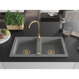 Mexen Mario 2miskový granitový dřez 820 x 436 mm, šedý, zlatý sifon - 6504822000-71-G