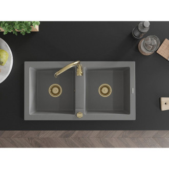 Mexen Mario 2miskový granitový dřez 820 x 436 mm, šedý, zlatý sifon - 6504822000-71-G