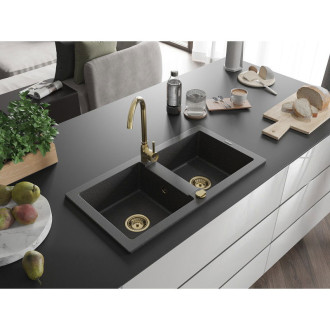 Mexen Mario 2miskový granitový dřez 820 x 436 mm, melír černý, zlatý sifon 6504822000-76-G