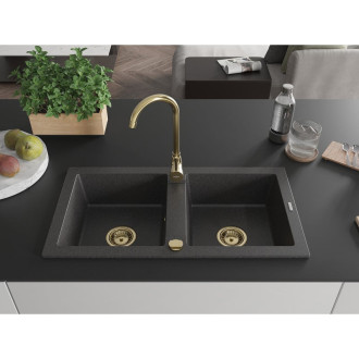 Mexen Mario 2miskový granitový dřez 820 x 436 mm, melír černý, zlatý sifon 6504822000-76-G