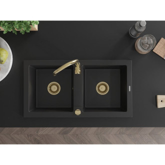 Mexen Mario 2miskový granitový dřez 820 x 436 mm, černý, zlatý sifon - 6504822000-77-G