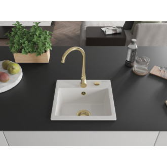 Mexen Milo 1miskový granitový dřez 435 x 410 mm, bílý, zlatý sifon - 6505441000-20-G